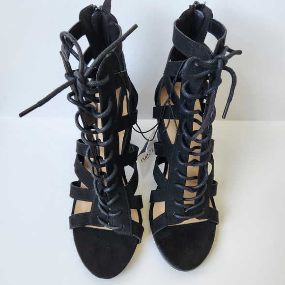 Rue 21 Peep Toe Lace Up Booties Black Back Zipper Block Heel Sexy Cute Size 9 - Picture 5 of 12